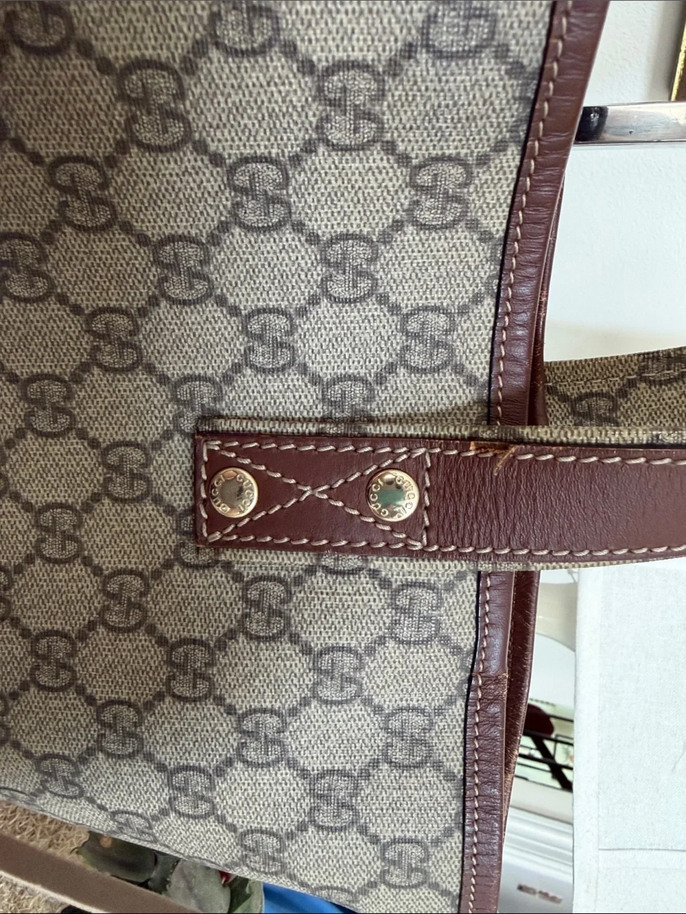 Gucci Beige/Brown GG Canvas Tote with Brown Leather Handles and Green/Red Web